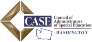 Washington CASE logo, a gold diamond, with the words Council of Administrators of Special Education Washington to the right and an outline of the state of Washington